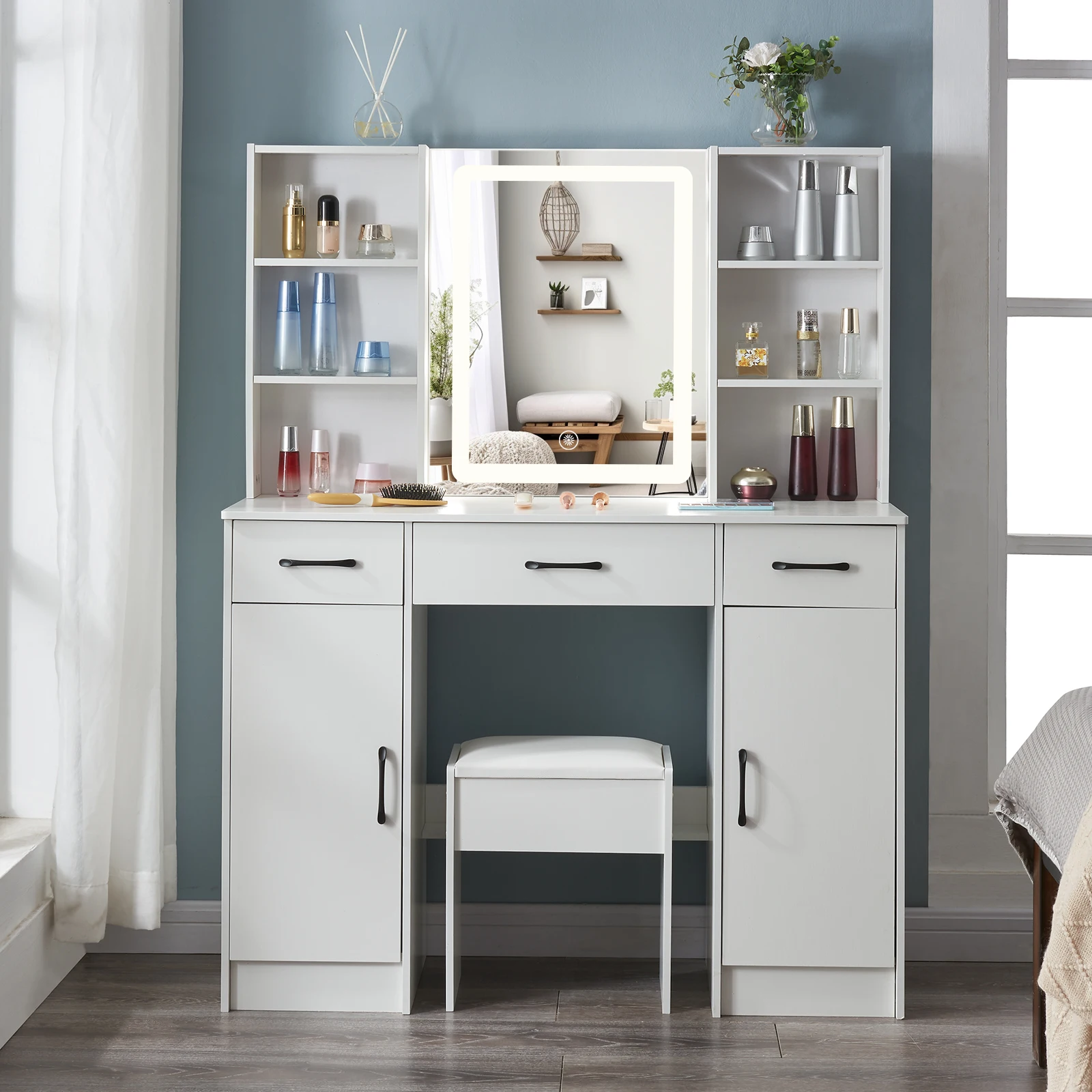 【صفقات 11.11، عروض الجمعة السوداء 2025】مجموعة زينة كبيرة بمرآة مضاءة LED وطاولة مكياج مكونة من 3 أدراج