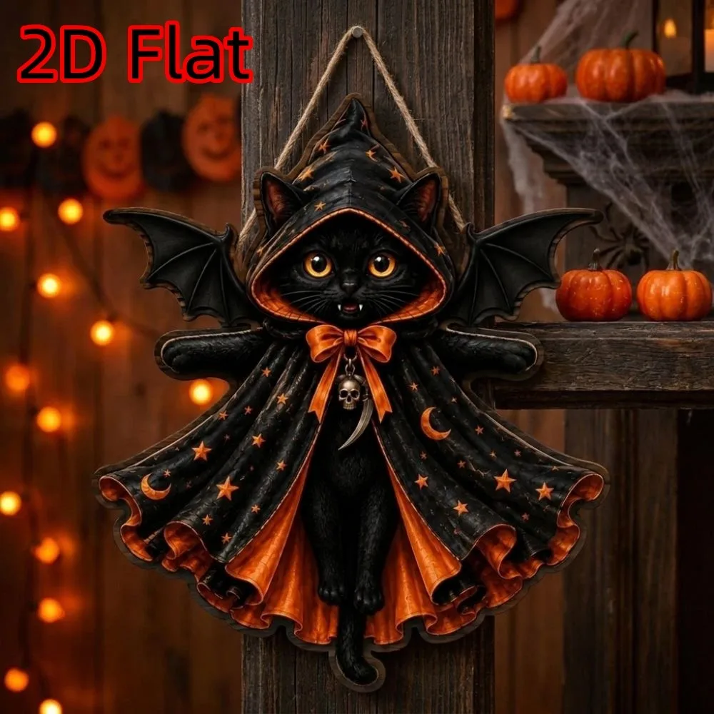 2D Flat Halloween Black Cat Door Sign Gothic Vintage Style Holiday Bat Wing Cat Pendant Moon Star Bow Knot