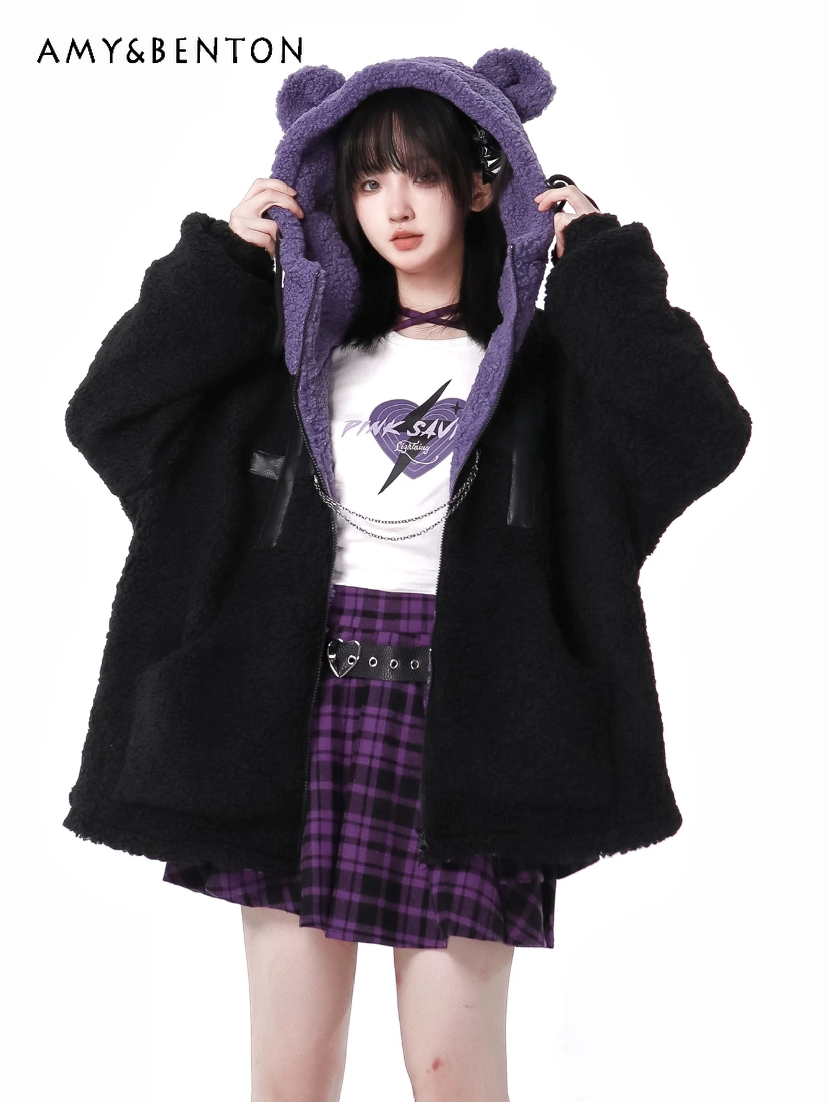 Preppy Style Sweet Cool Girl Outfits Cute Hooded Lamb Wool Coat Purple Plaid Leather Ring Mini Skirt Two-Piece Sets Winter New