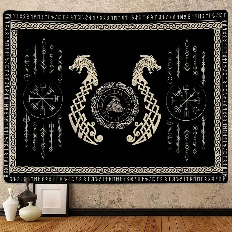 VIKAMA Viking Dragon Tapestry, Norse Rune Vegvisir Wall Hanging, Celtic Knot Nordic Mythology Cloth Poster Bedroom Decor