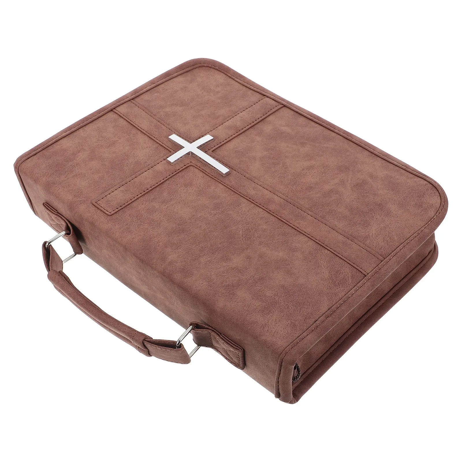 PU Bible Cover Case Brown Zippered Bible Bag for Men Women Portable Carrying Case with Handle Pen Slot Phone Pocket