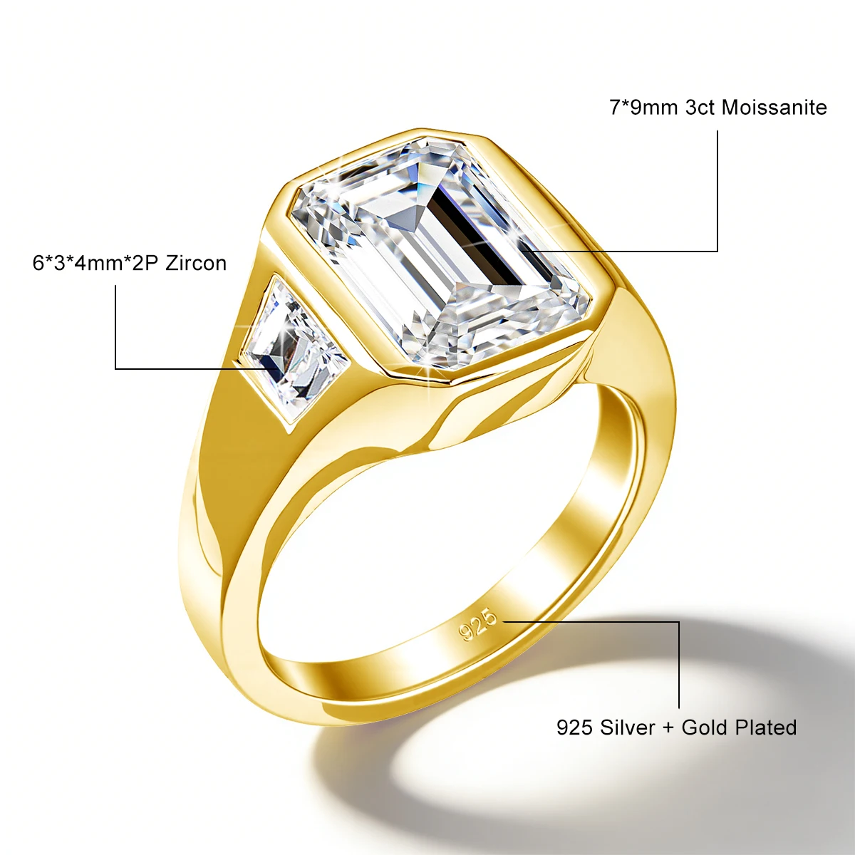 3CT Smaragdschliff Moissanit-Ringe für Männer und Frauen D VVS1 Drei-Stein-Verlobungsring mit seitlichem Trapez 925 Silber Hochzeitsschmuck – Detail 1