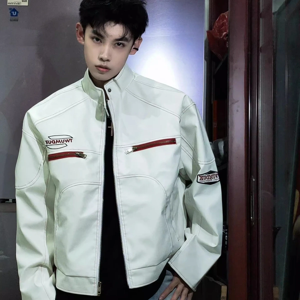 

White Embroidered Leather Jaet Men's American Retro Sle Loose Fit Stand Collar Motorcycle Coat Youth Polyester Fiber