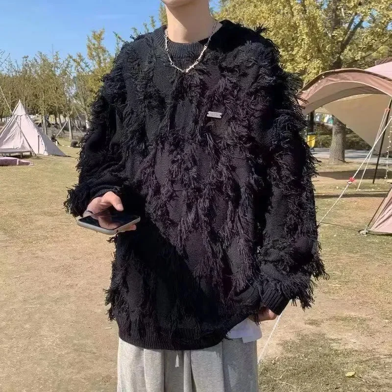 Solid Color Feather top Tassel Sweater 2024 men and Women Couple Korean Version Loose and Lazy Style Hong Kong Style Round Neck