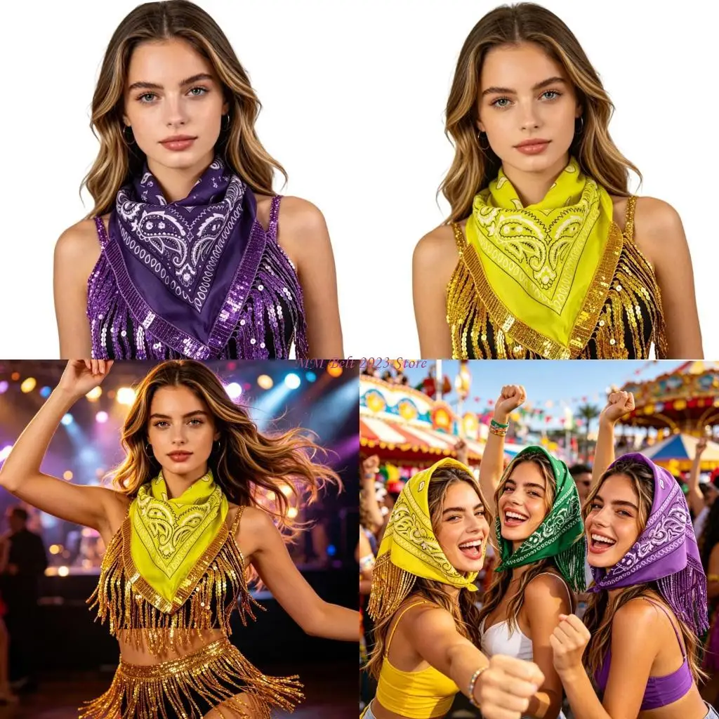 49ME Party Outfit Bandana Scarf Light-Catching Fringe Geometric Square Neck Wrap Polyester Festival Styling 54 x 54 Accessory