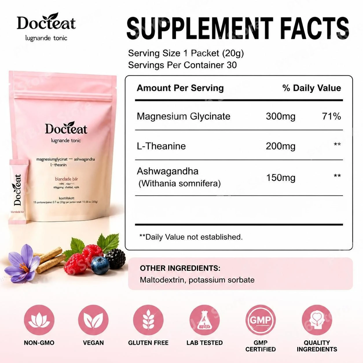 Docteat Magnesium Glycinate Powder with L-Theanine Ashwagandha for Stress Regulation and Relax Sleep Support 15 Packets