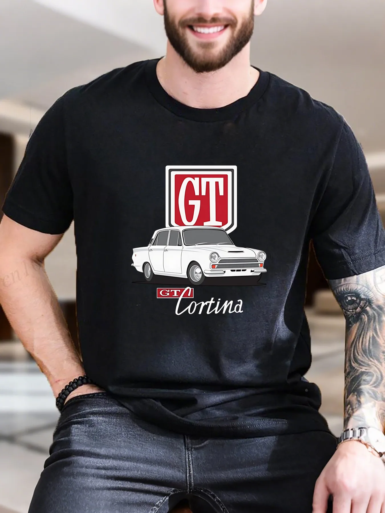 Men's Gt Logo Print T-Shirt - Stylish Car Design, 100% Cotton Breathable Tee for Casual & Sports, Trendy & Comfortable Short Sleeve