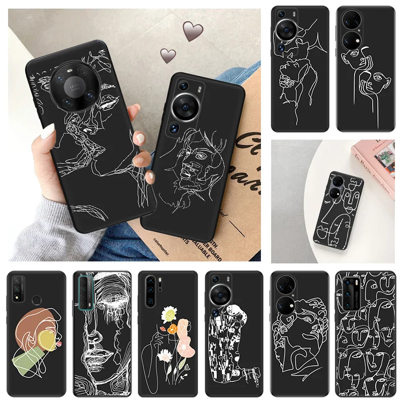 Ultra Thin Soft Case For Huawei P40 P30 Lite P20 Pro P Smart Moto G200 G30 G31 One Fusion Abstract Kiss Girl Draw Line Art Cover