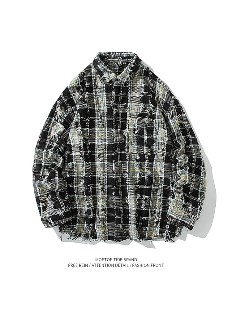 

Мужское пальто свободного кроя в клетку в стиле хип-хоп Street Sle Mr. WH American High Street irt с потертыми отверстиями, повседневная верхняя одежда