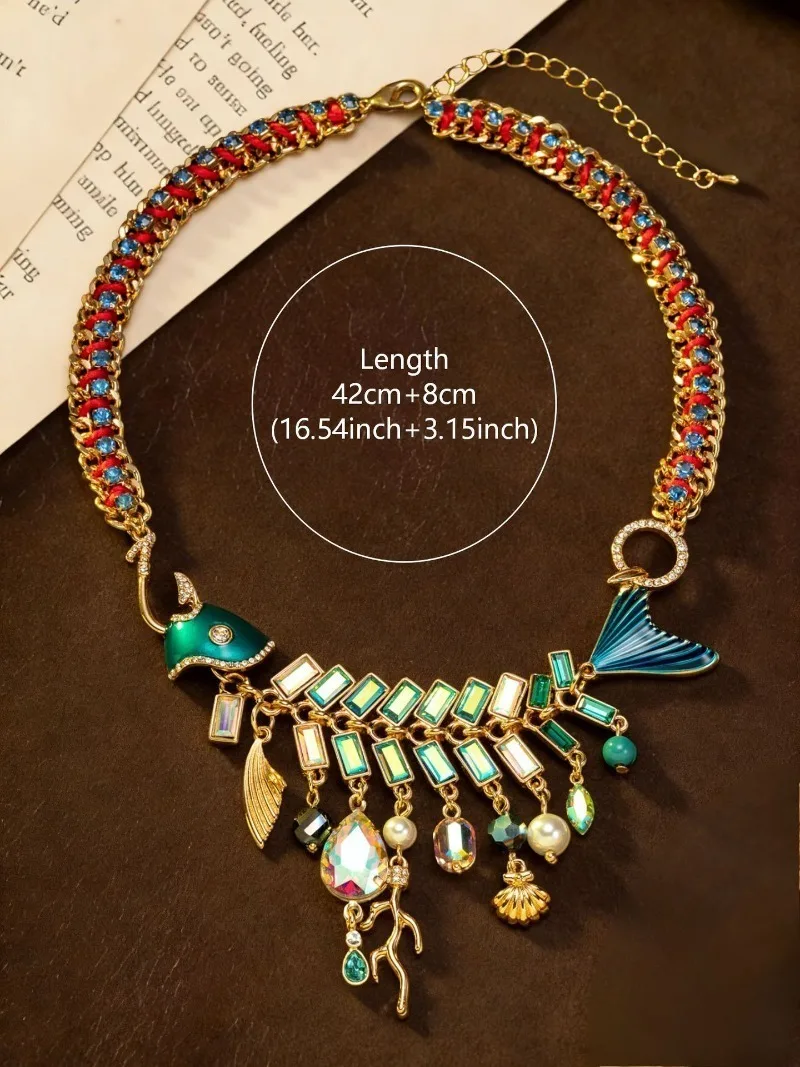 Heavyweight Vintage Fishbone Tassel Necklace, Rhinestone Inlaid Retro Light Luxury Elegant European American Women Fashion Neck
