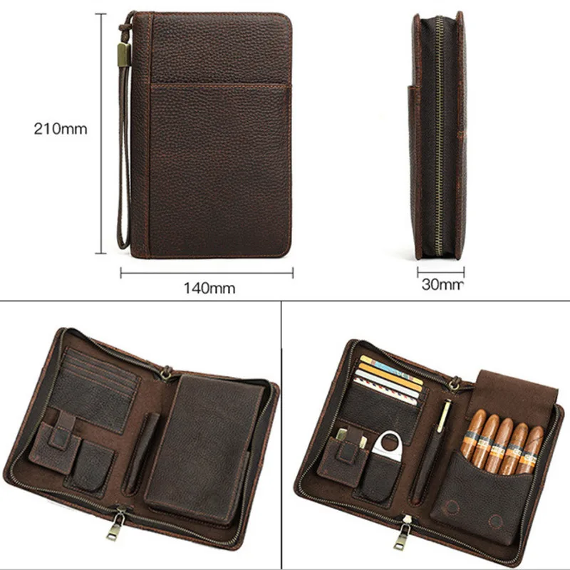 Fashionable British Style Top Layer Cowhide Wrangled Box Travel Portable Leather Set Five Cigar Utensils Storage Bag Men Wallets