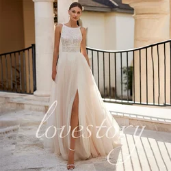 Elegant Floor Length Wedding Dresses Tulle Lace Appliques Backless Wedding Gown High Slit Bride Gowns For Wedding