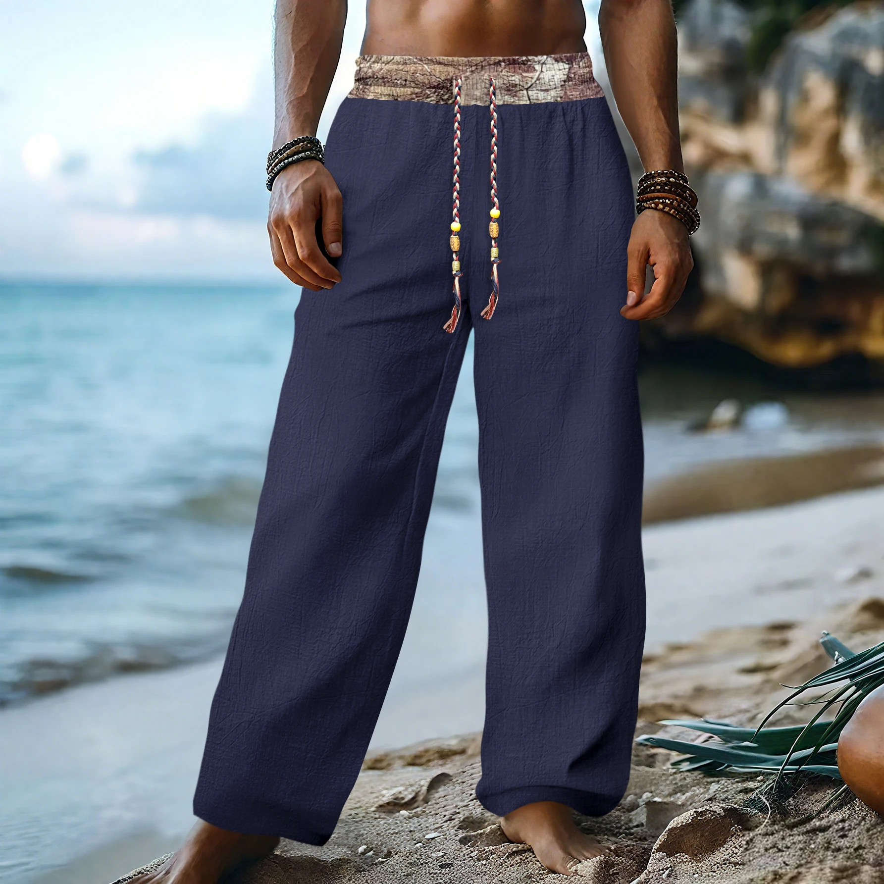 

Винтажные осенние мужские брюки с цветочным принтом, новинка 2025 года, этнические повседневные свободные мягкие дышащие спортивные брюки в стиле бохо, прямые брюки