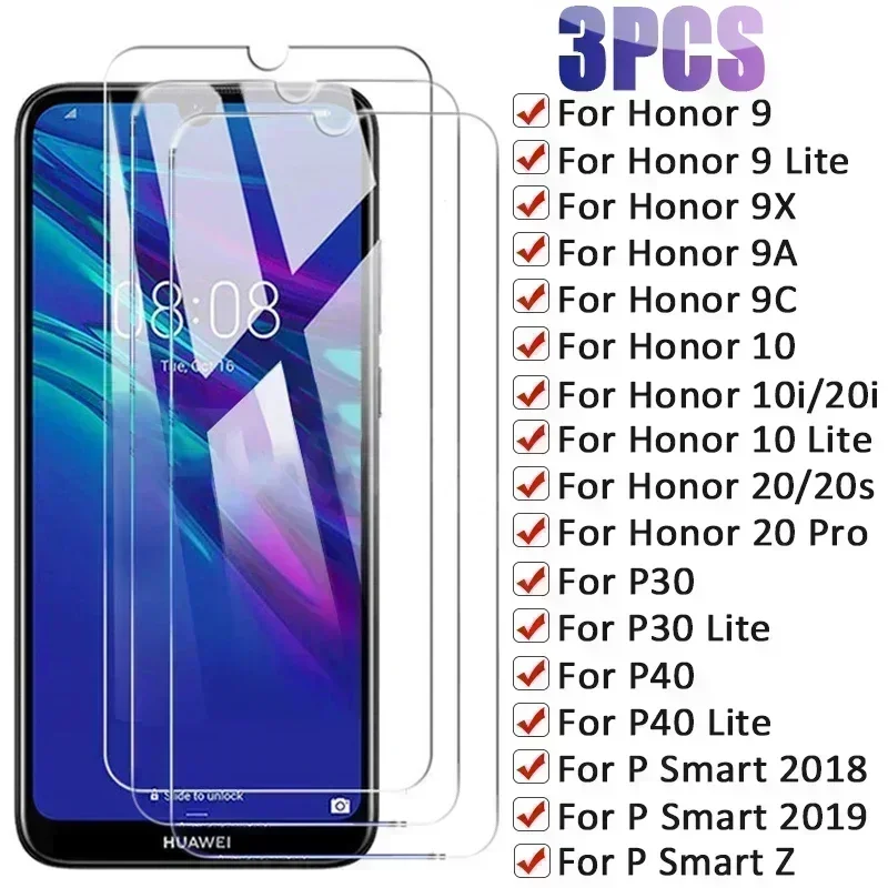 3PCS Tempered Glass for Honor 10i 20i 9 10 Lite 9X 9S 9A 9C Screen Protector for Huawei P30 P40 Lite P Smart 2019 2018 Z Glass