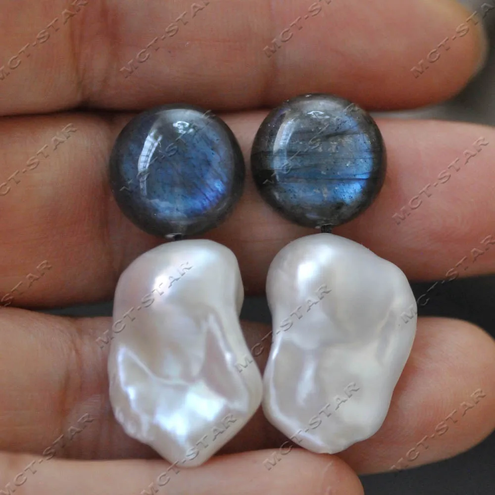 MTC·STAR 23mm Blue Flash Labradorite White Gray Baroque Keshi Pearl Moonstone Earring (Z14744)