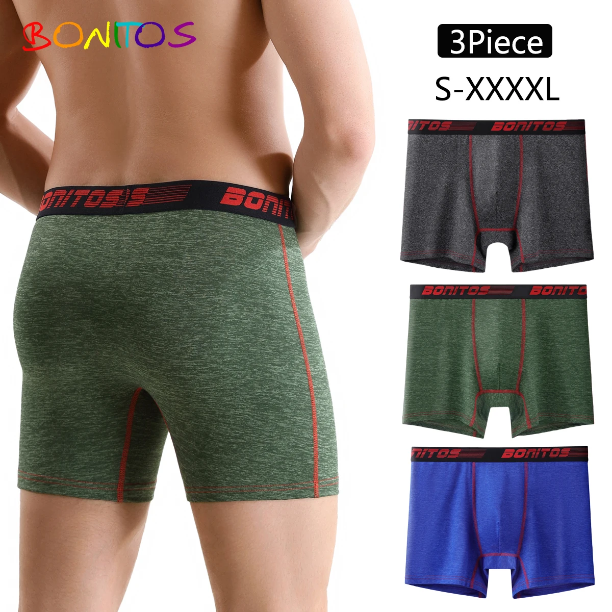 Paquete de 3 Calzoncillos Bóxer Largos para Hombre, Marca BONITOS, con Cintura Elástica con Letras, de Poliéster, Ropa Interior Masculina