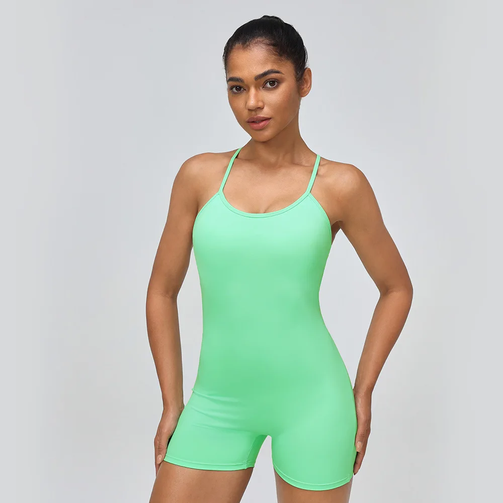 طقم يوجا للياقة البدنية من قطعة واحدة للسيدات بلون واحد ملابس رياضية قصيرة للصالة الرياضية قابلة للتنفس سريعة الجفاف بدلة للجري ملابس نسائية للتمرين #6