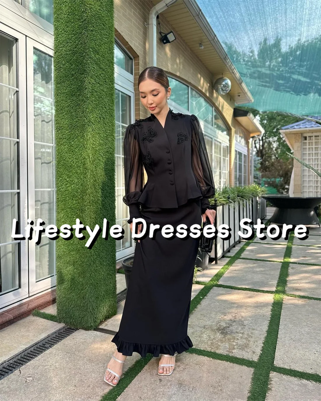 Customized Puff Long Sleeves Black Evening Dresses Bead Butterfly Appliques Formal Party Gown Black Prom Dress vestidos de gala