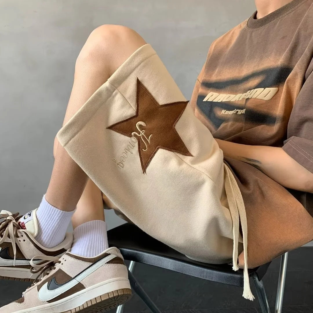 

Мужские повседневные свободные шорты с вышивкой в виде пятиконечной звезды, модные американские спортивные брюки прямого кроя со средней посадкой для отдыха