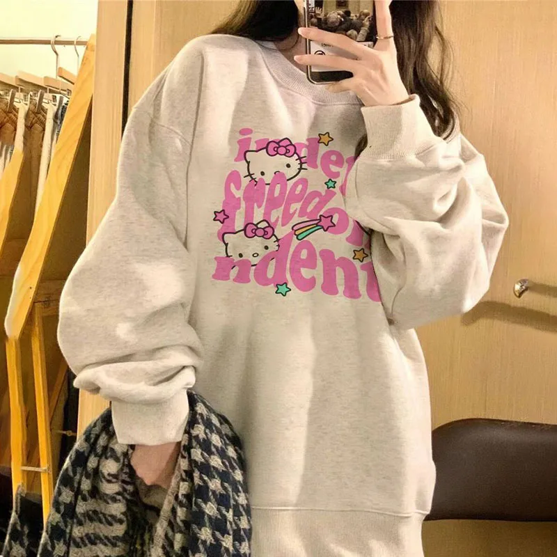 Sanrio Hello Kitty Women Autumn Hoodies Y2k Pullovers Cotton Pullovers Casual Oversized Coat Sweatshirt Long-sleeved T-shirt