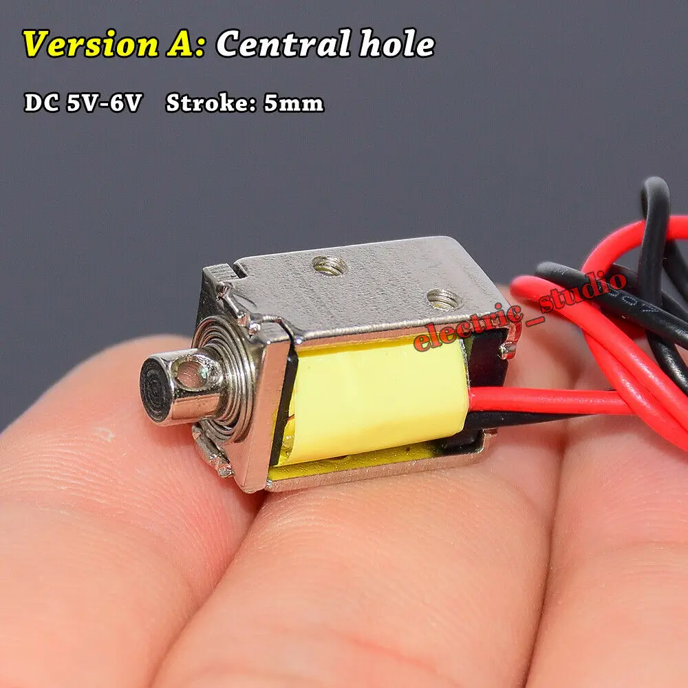 DC 5V~6V Mini DC Solenoid Electromagnet Self-holding Suction Type 7.2ohms Micro Electric Magnet Central Hole/Hook Hole