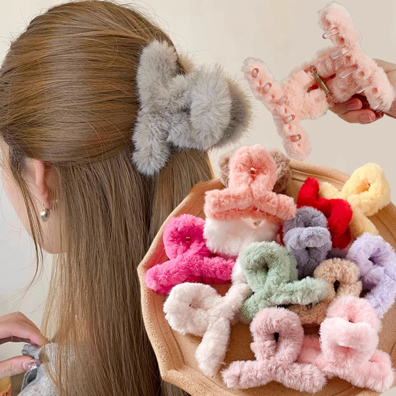 Spring Winter Faux Fur Hair Claw Elegant Acrylic Hairpins Plush Hair Clip Barrette Crab Headwear for Women Girl Hair Accessories