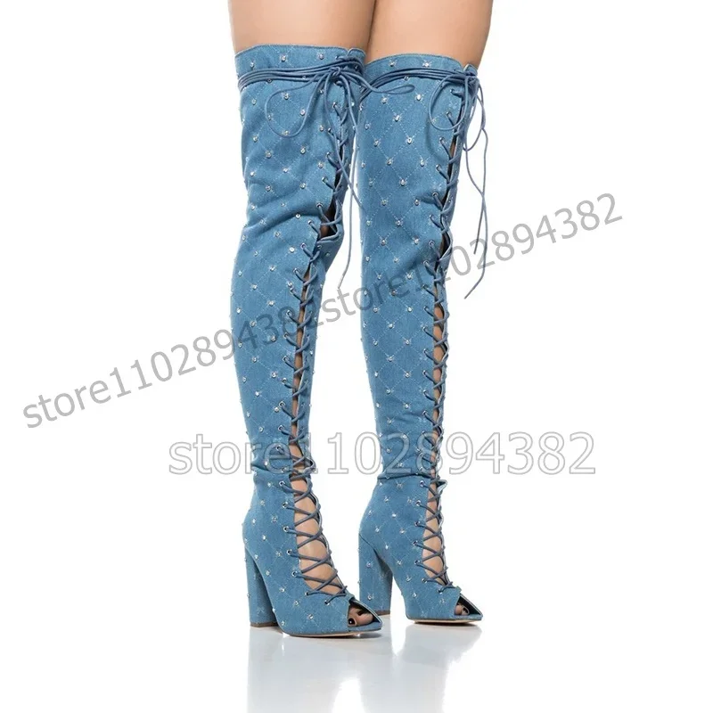 

Blue Denim Crystal Decor Hollow Design Boots Cross Tied Women Shoes Chunky High Heels Peep Toe Runway 2023 Zapatos Para Mujere