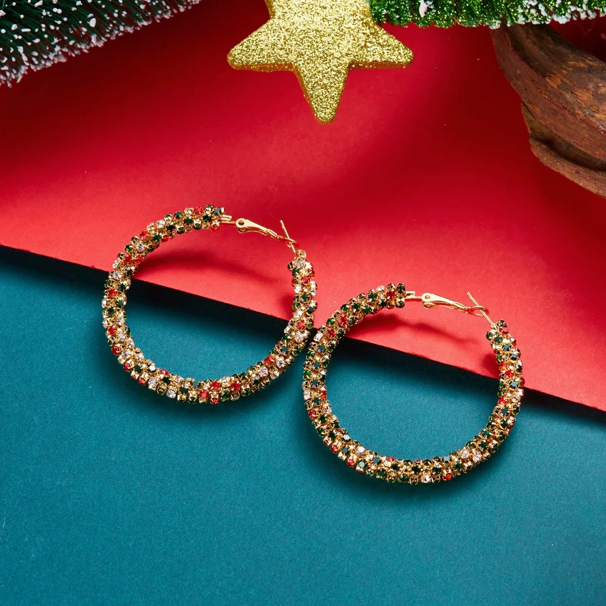 Christmas Full Colorful Rhinestone Hoop Drop Earrings For Women Trendy Round Circle C-shape Holiday Dangle Earrings Jewelry Gift