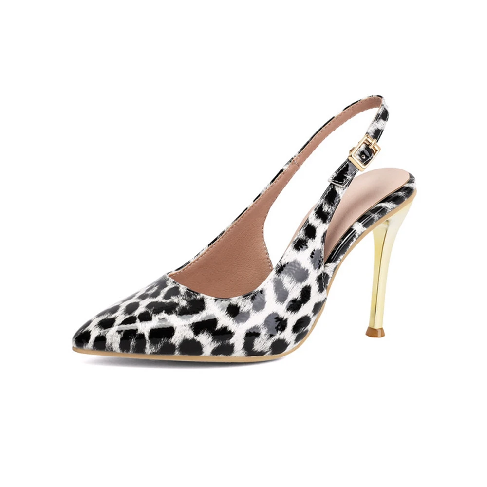 

Women Plus Size 34-48 Patent Leather Leopard Print Slingback Pointed Toe Stiletto High Heels Party Dress Sandals WS-56