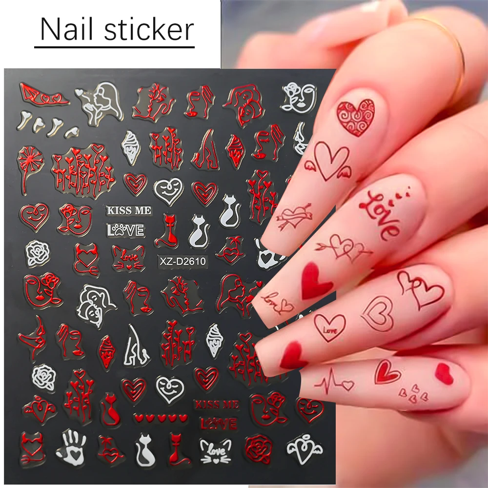 3D Valentines Day Red Heart Nails Art Stickers Angel /Red Lips /Rose Flower Nail Decals Self-Adhesive Nail Accessories XZ-D2608