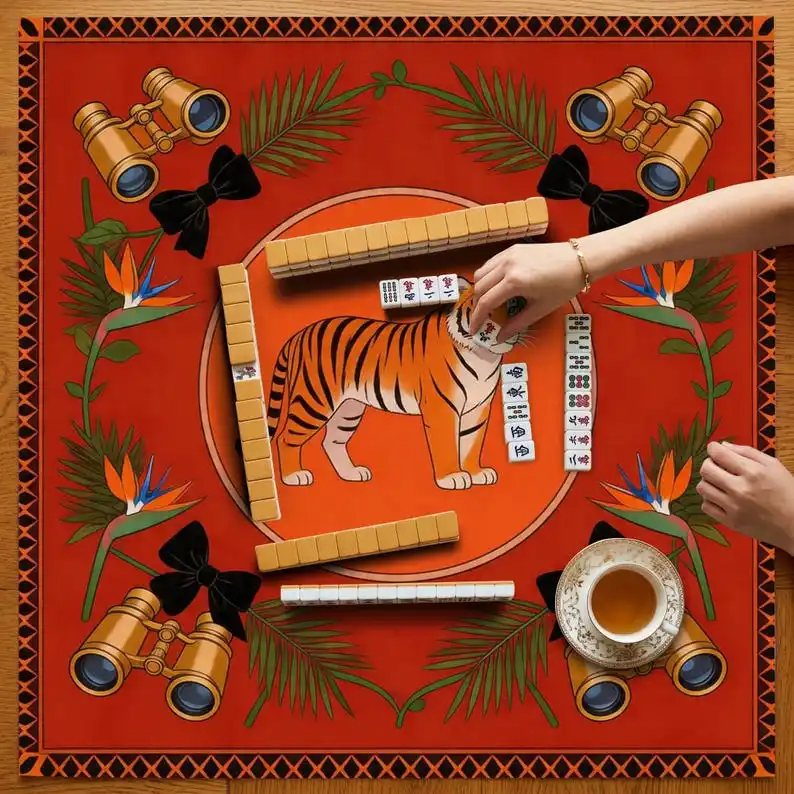 VIKAMA Retro Orange Tiger Binocular Mahjong Mat Non Slip Washable Pad Noise Reduction For American Mahjong Family Party