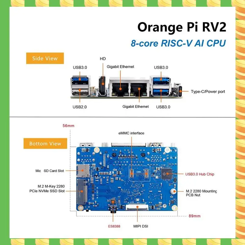 

AB53 для Orangepi RV2 RISC-V AI макетная плата процессора Wi-Fi + BT5.0 Gigabit Ethernet SBC