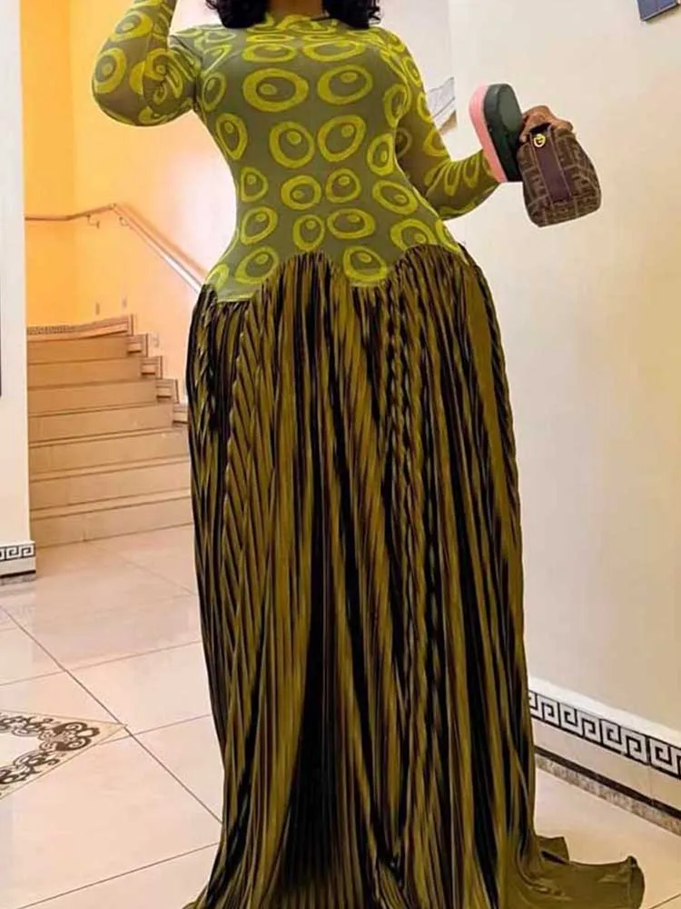 Elegant Olive Green Dresses High Waist Long Sleeve Maxi Dress for Woman Evening Party Pleated Dress Stretch Fabric for Dress - Image 6