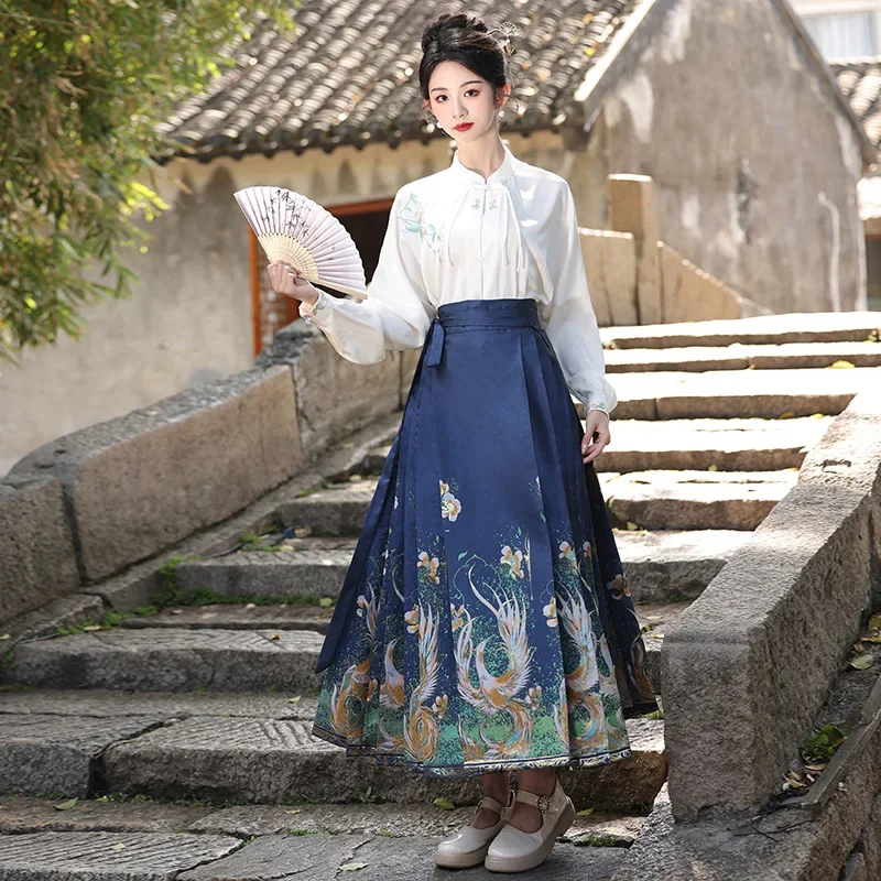 new Cardigan Shirt + Pleated Mamian Skirt  Hanfu Gold Weaving Original National Style Horse Face Skirt penumbra woman's dress