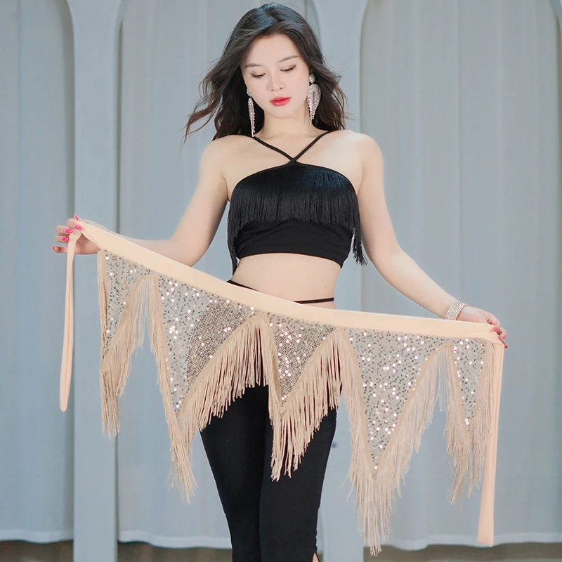 

Женский платок для восточных танцев с пайетками и бахромой, треугольный пояс-шарф для танцев, юбка-пояс для племенных танцев, сценический костюм