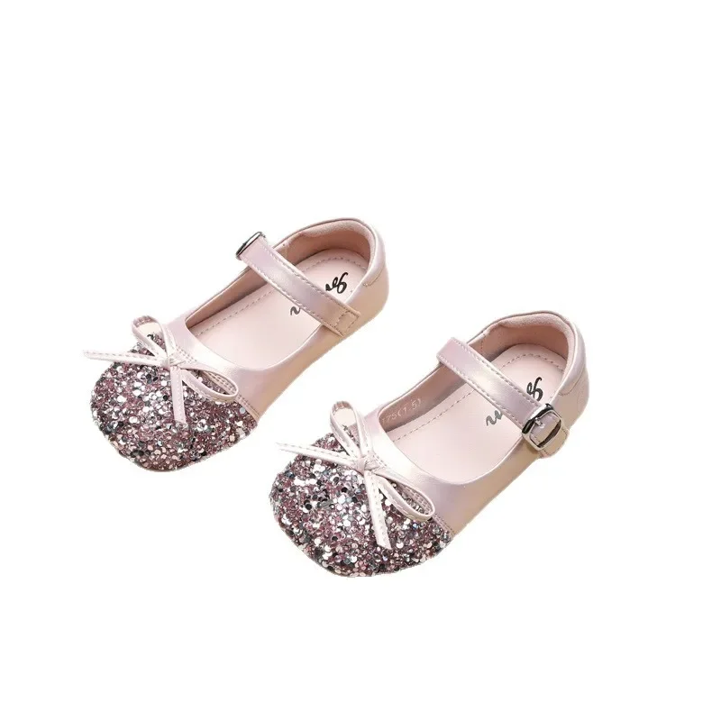 

2025 Autumn Girls Bow-knot Sequin Crystal Princess Shoes Fashion Leather Soft Sole Low Cut Toddler First Walking Shoes Non-Slip