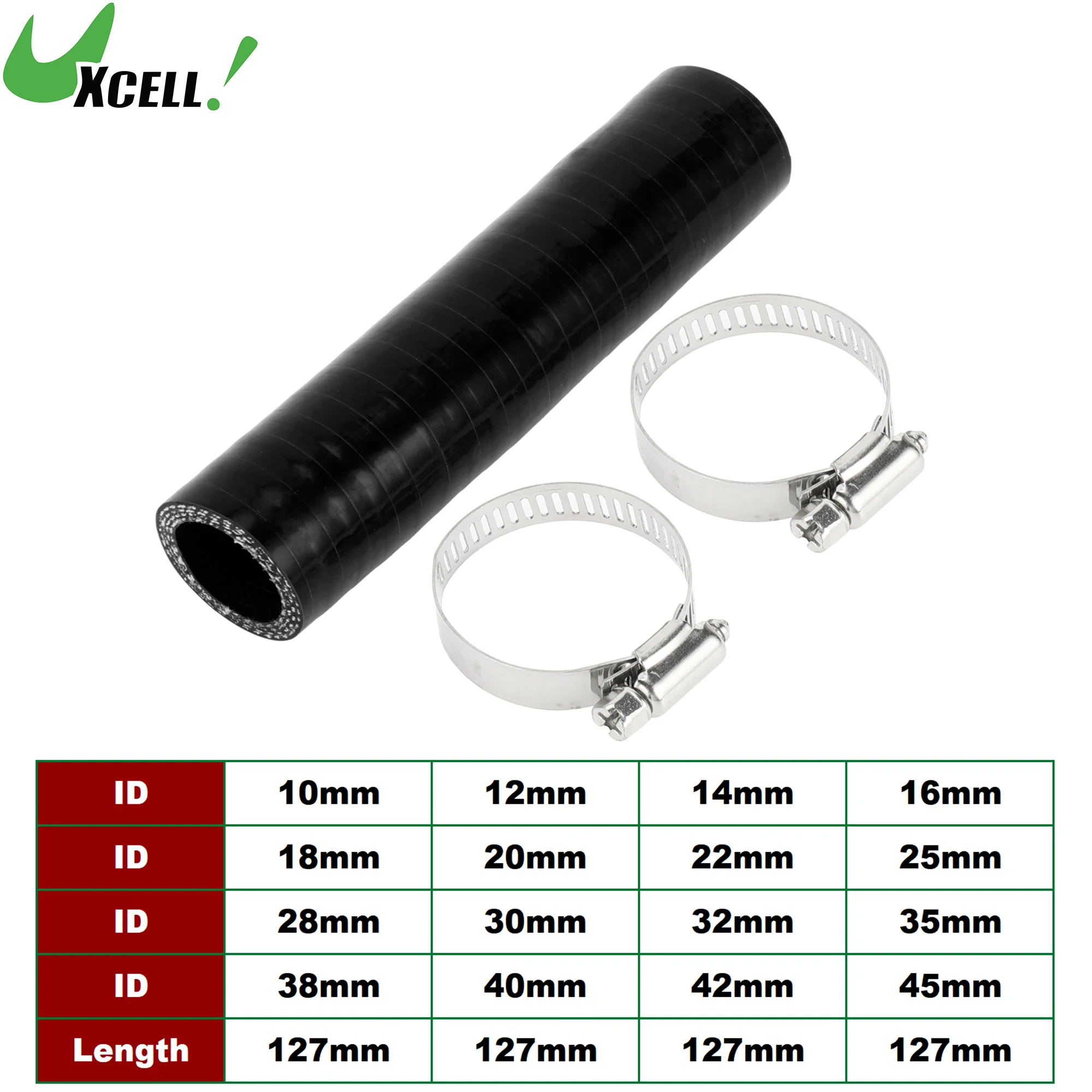 

UXCELL 10/12/14/16/18/20/22/25/28/32/35/38/40/42/45mm ID 127mm Length w/ Clamps 4-Ply Reinforced Car Silicone Hose Black