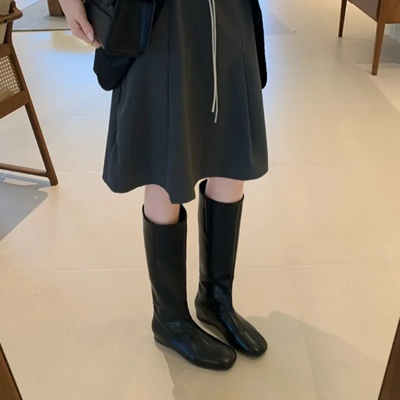 Women Knee High Boots Soft Square Toe Flat Slip on Straight Shaft Vintage Riding Boots Women Fall Winter Ladies Casual Footwear