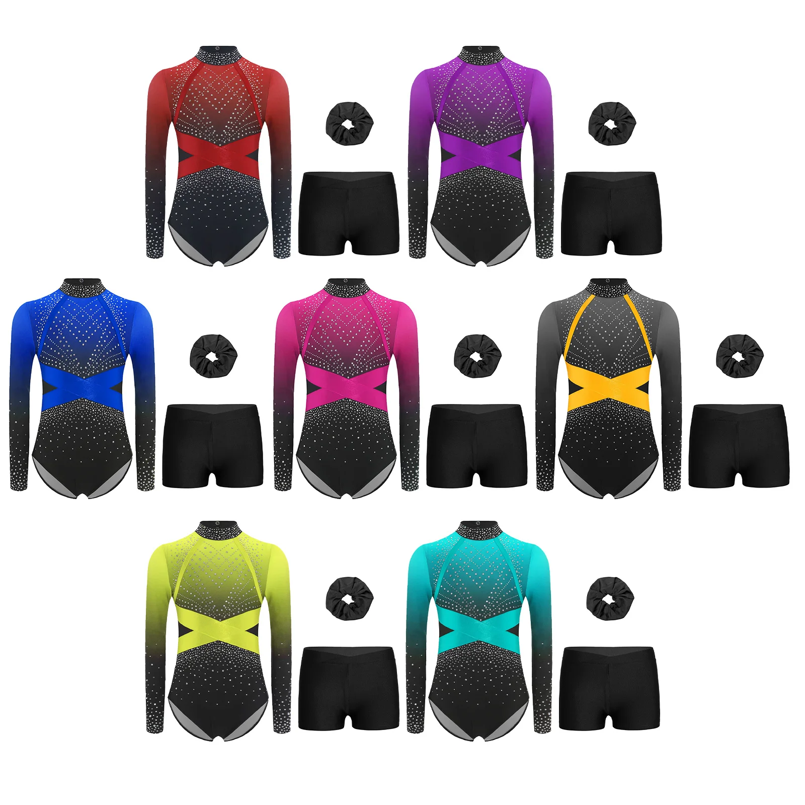 Conjuntos de gimnasia de ballet para niñas, conjunto deportivo con diamantes de imitación brillantes y patrones de bloques de color