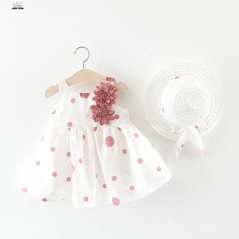 Big Bow Baby Dress Lovely Summer Infant Baby Girl Clothes Cute Dot Sleeveless Cotton Toddler Dresses+Sunhat Newborn Clothing Set