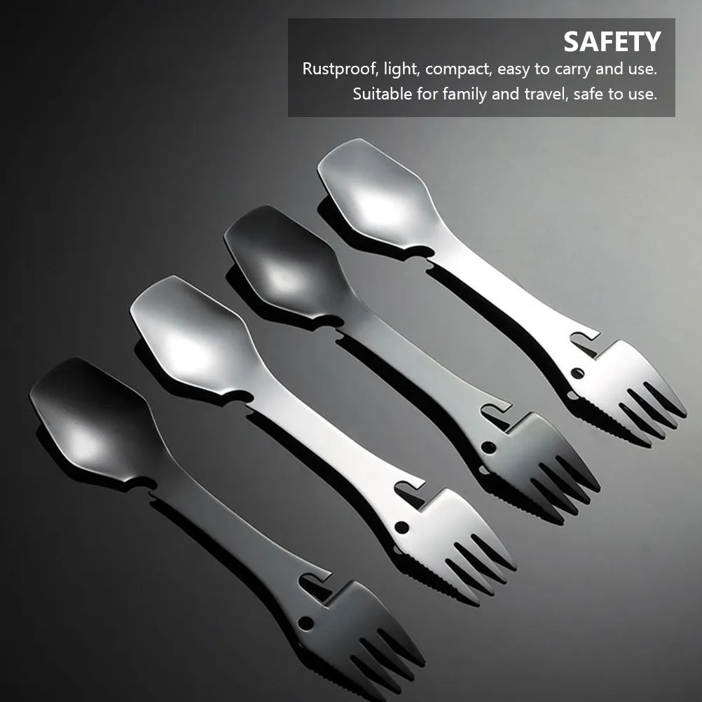 2Pcs Multifunctional 5-in-1 Stainless Steel Utensil Set Fork Spoon Knife Spork Bottle Opener Ideal for Camping Outdoor Picnic