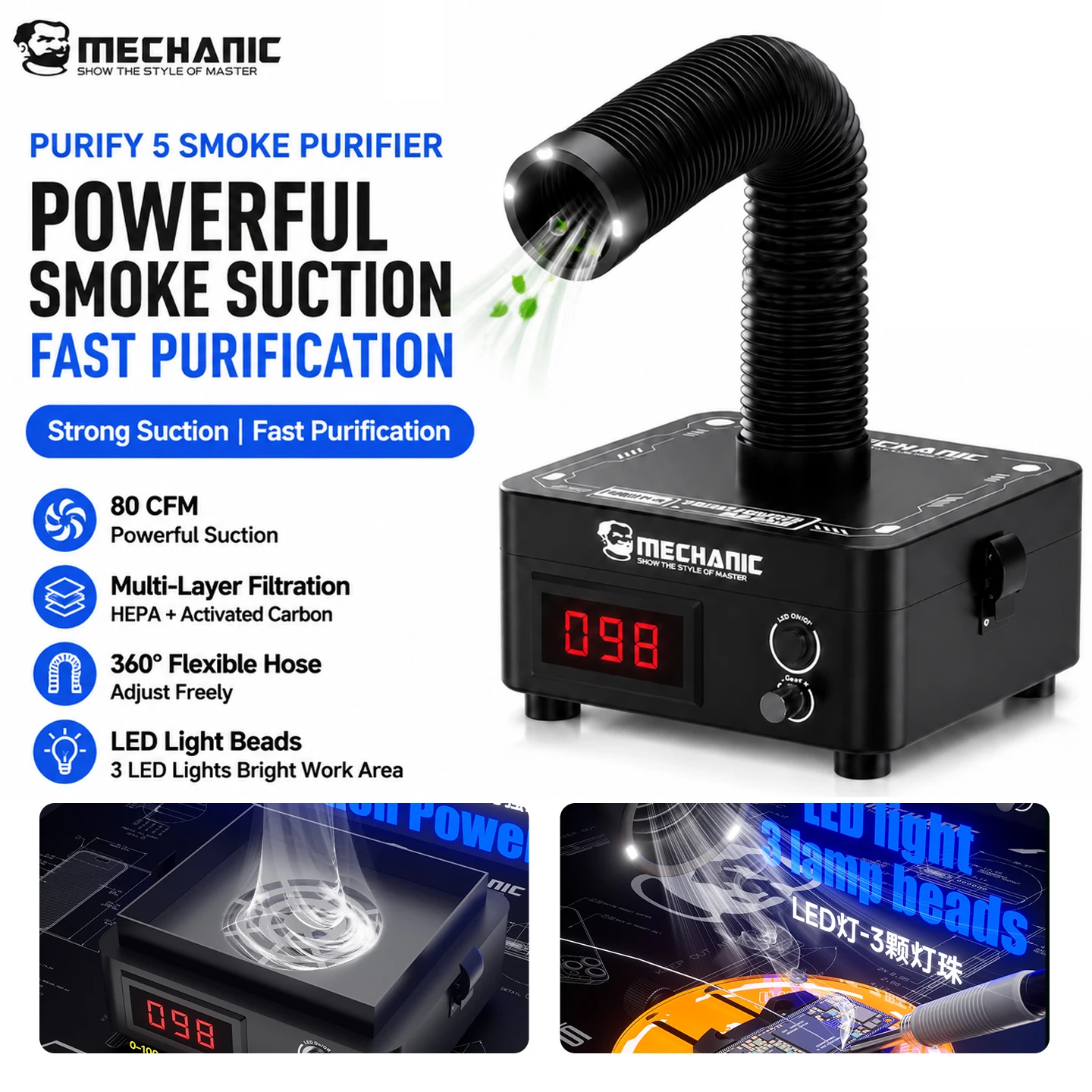 MECHANIC PURIFY 5 Smoke Purifier 24V Brushless Motor Multi-Layer Filtration Flexible Hose LED Light For Soldering Repair Tools