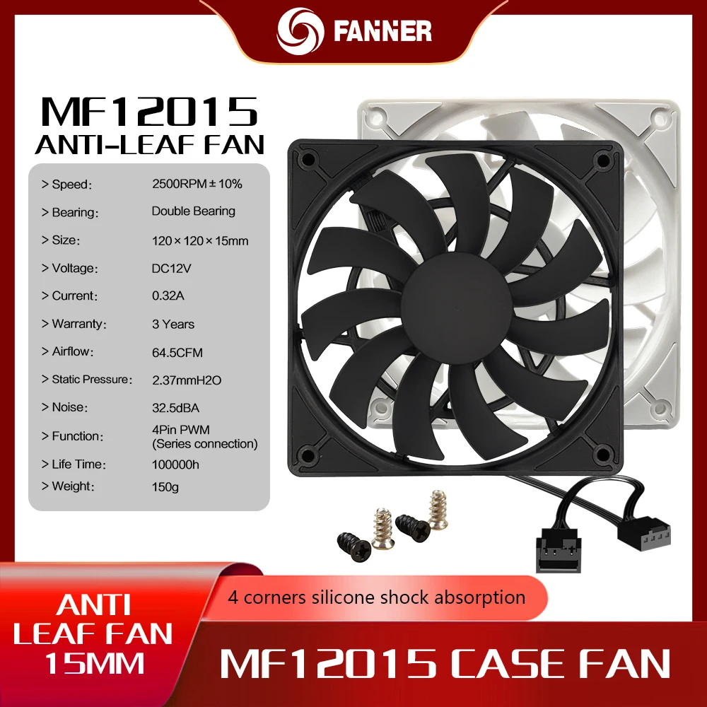 

FANNER 12015 Вентилятор корпуса ПК 120 мм Ультратонкий охлаждающий вентилятор Толщина 15 мм 4-контактный ШИМ 1800-2500 об/мин Бесшумный кулер процессора Вентилятор охлаждения