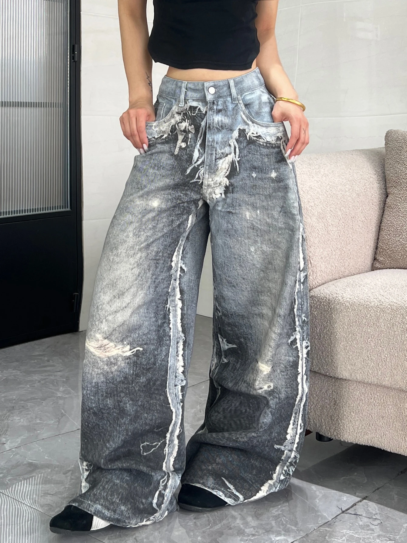 European And American Street Style Imitation Fringed Printed Women's Denim Pants, High Waisted Loose Hanging Wide Leg Pants