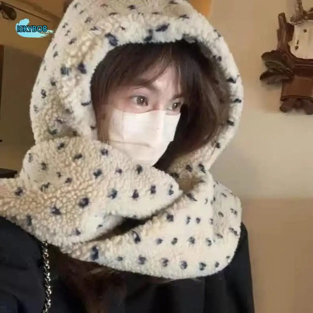 

Windproof Winter Polka Dot Scarf Hat Warm Lamb's Wool Balaclava Pullover Hats Thickened Ear Protection Plush Beanies