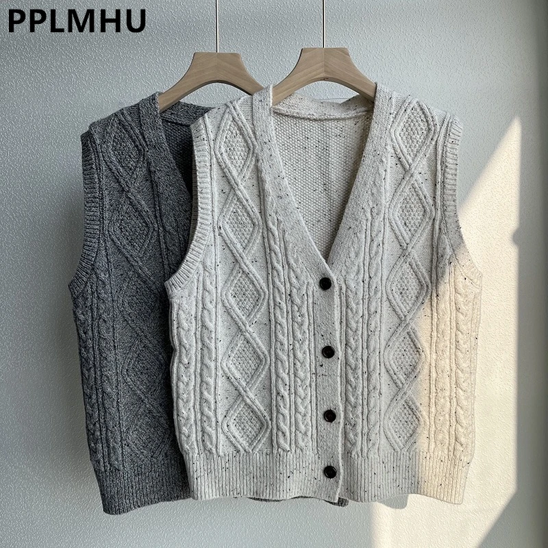 Chaleco de punto con cuello en V para mujer, chaqueta informal de estilo Preppy, prendas de punto de un solo pecho, Tops sin mangas