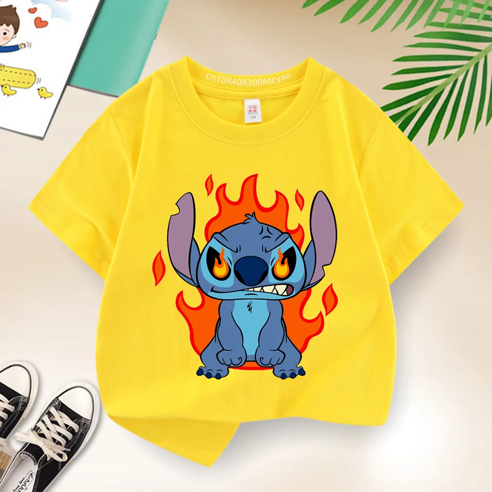 Disney Teen 100% Cotton T-shirt Kids Print Stitch Comfortable Crew Neck T-shirt Boys Girls Short sleeved Street Harajuku top