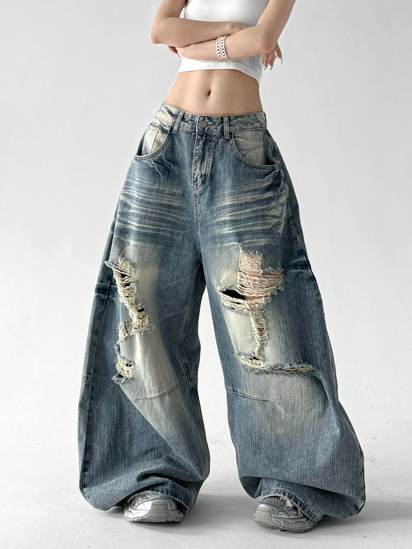 

Retro American Washed Summer Hole Denim Jeans Men's Street Loose BF Lazy Wide Leg Floor-Length Pants Casual Trousers