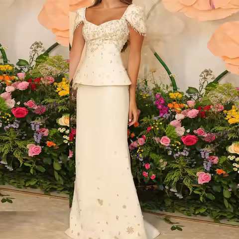 Romantic Ivory Jersey Evening Dress Customized Square Collar Short Sleeves Prom Dress Modern Court Train Special Occasion Gowns