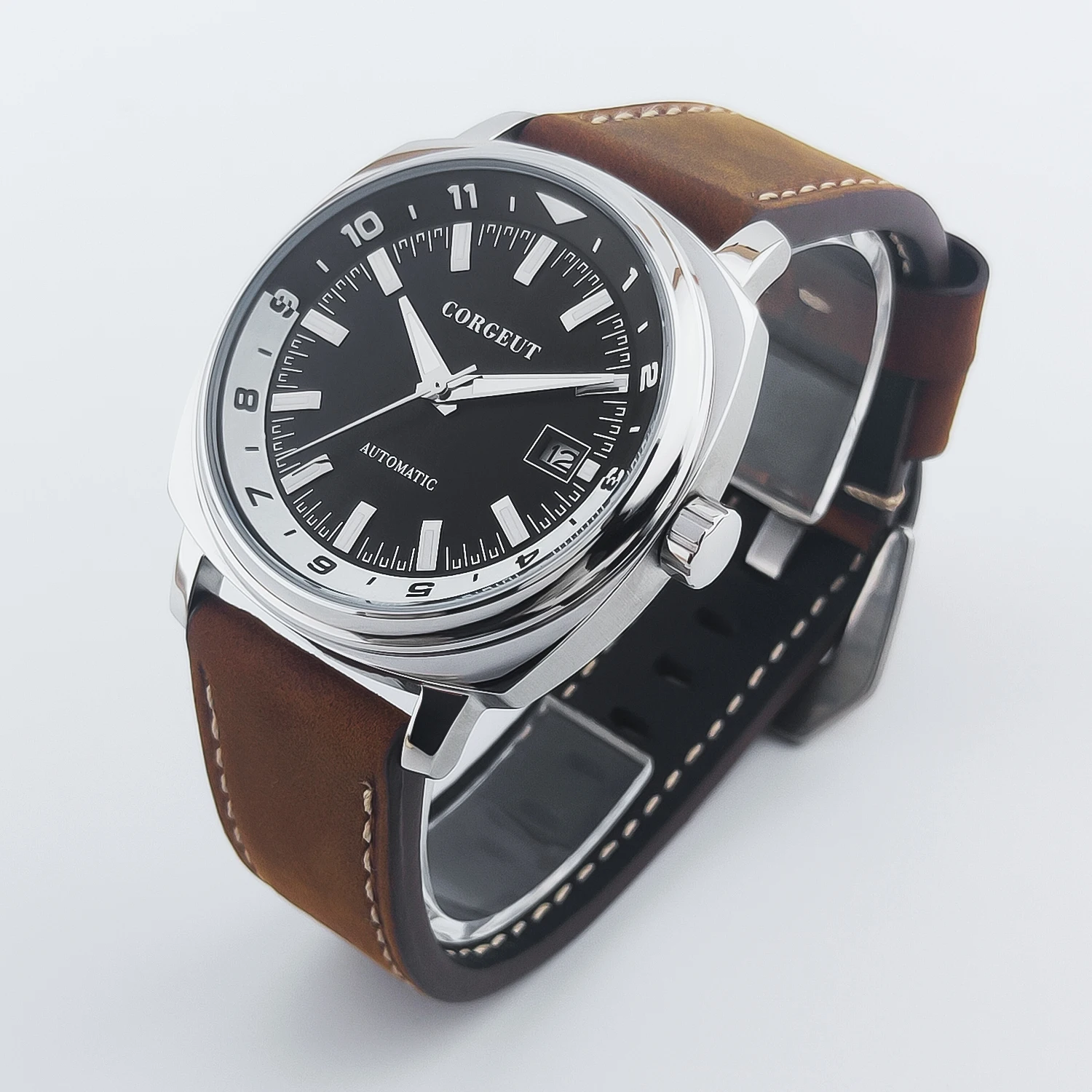 تخصيص 42mm ساعة جديدة التلقائية الميكانيكية صالح NH35 الأزياء الزجاج الصلب حزام / حزام من الجلد للماء ساعة رجالي